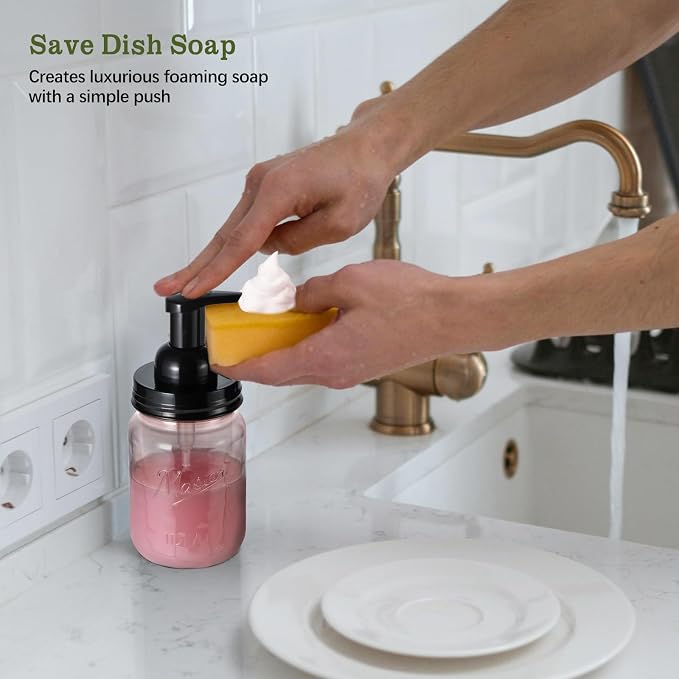 Amolliar Plastic Foaming Soap Dispenser with Pump Lid, 16Oz Refillable Foam Hand Soap Dispenser Set, Clear Dish Soap Bottles with Waterproof Lable for Farmhouse Kitchen Bathroom (2 Pack, Black)