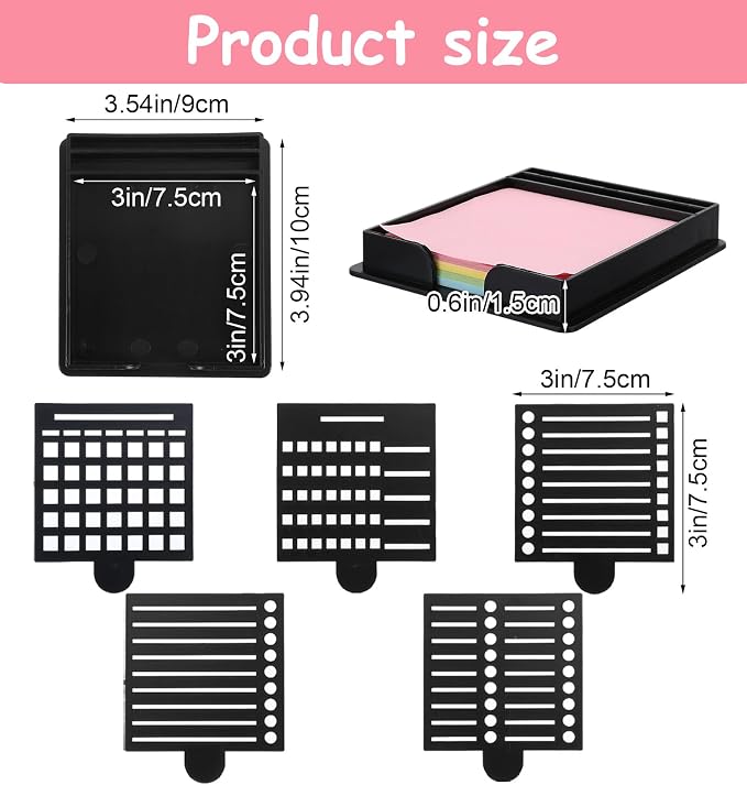 Sticky Note Stencil, Sticky Note Holder for Desk Reusable Template for 3x3 Inch Notes, to-Do Lists, Home and Office Organization, Versatile Notes Dispenser with 5 Templates (Black)