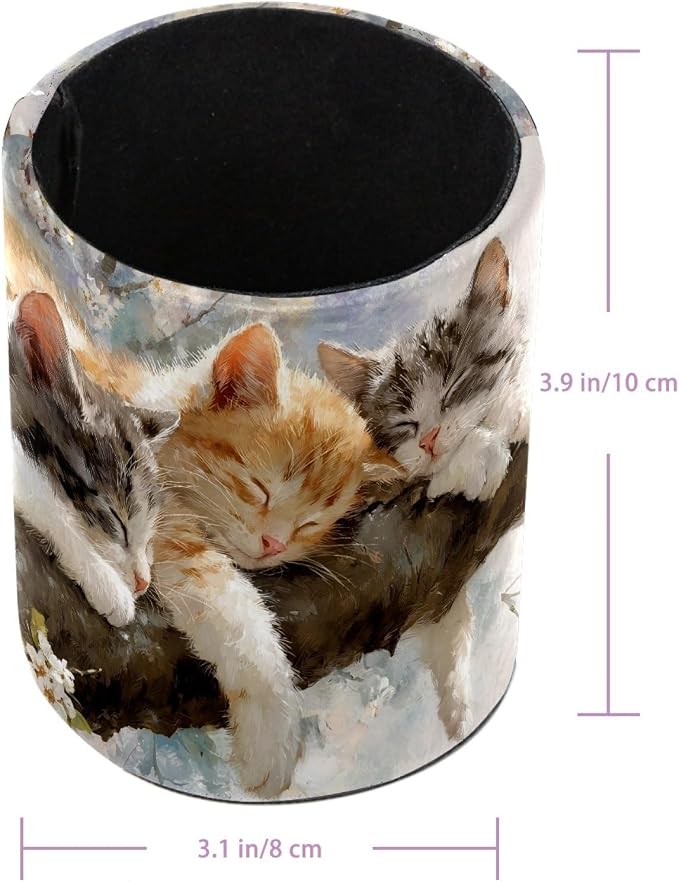 Leather Pen Holder for Desk, Sleeping Cat Pencil Cup Pen Organizer Makeup Brush Holder for Office Home Kids Countertop Desk Accessory Storage