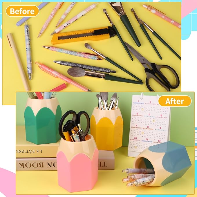 12 Pcs Pencil Shaped Pen Holders Pencil Storage Organizer Cute Plastic Pencil Holder for Desk Desktop Pen Cup Colorful Vase Pencil Pot Makeup Brush Container Cartoon Stationery Rack for Office
