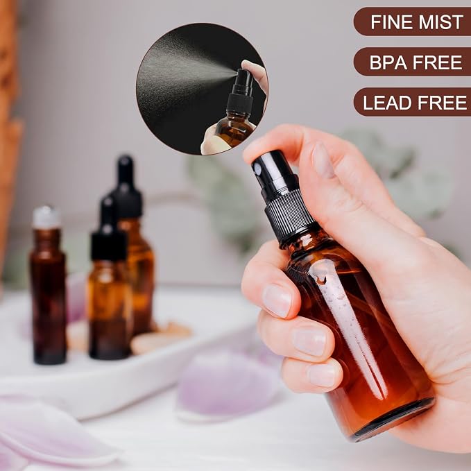 LANBEAUTIFY 4 oz Amber Glass Spray Bottles - Small Empty Fine Mist Spray Bottle for Essential Oil,Face - Mini Dark Spray Bottles with,Included 6 Sprinkler, 1Funnels,1 Droppers, 4 Labels