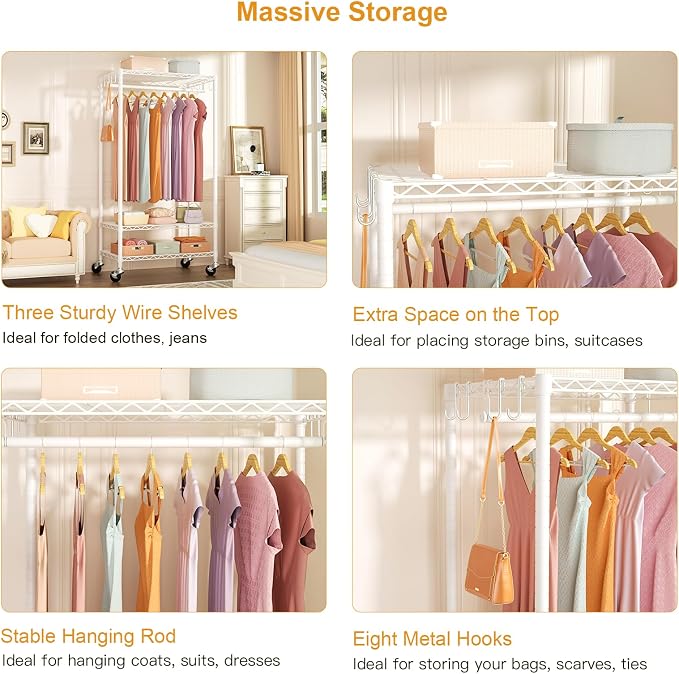 FUTASSI Rolling Clothes Rack, Clothing Racks for Hanging Clothes, White | P6 Heavy Duty Garment Rack with Wheels, 3 Tier Freestanding Portable Closet Rack with Shelves, 35.5 In Wide, Max Load 380 LBS