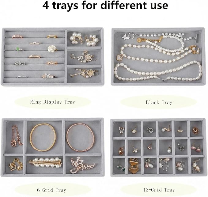 Stackable Jewelry Organizer Trays for Drawer, Set of 4 Velvet Jewelry Drawer Inserts in Dresser, 8in Storage Display Case for Rings Stud Necklaces Accessories(Grey)