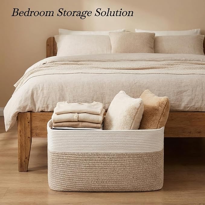 Optish 75L Large Blanket Basket, Woven Storage Baskets with Reinforced Handles, Rope Laundry Basket for Living Room, Bedroom, Nursery, Toys, Clothes,Pillows, 22” x 17” x 11.5”, White & Brown
