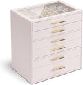 VLANDO 6 Layer Jewelry Box for Women, Glass Lid Jewelry Organizer with 6 Drawers for Necklaces Rings Earrings Bracelets - Light Pink