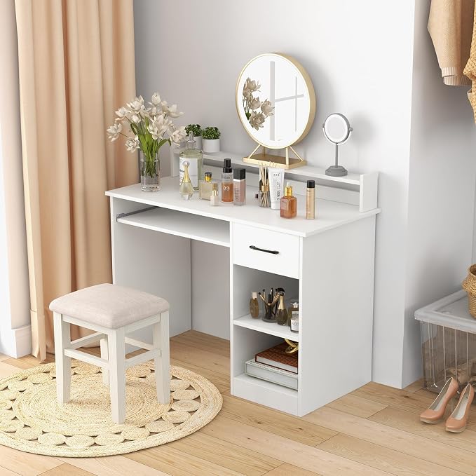Tangkula White Desk with Drawer & Keyboard Tray, 22 Inch Wide Modern Study Writing Desk with Desktop Hutch & Storage Shelves, Home Office Desk for Teens, Wood PC Laptop Desk, Desk for Bedroom
