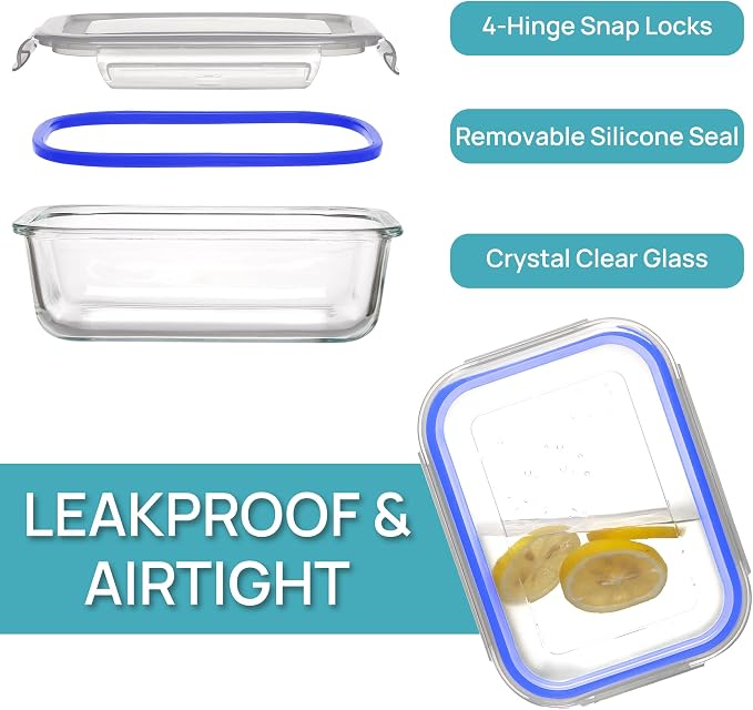 Vtopmart 5Pack 22oz Glass Storage Containers with Lids, Glass Meal Prep Food Container Sets with Snap Airtight Lid for Microwave, Oven, Freezer and Dishwasher, Blue