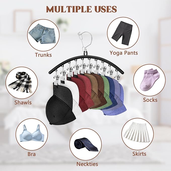 3 Pack Hat Hangers for Closet, Metal Hat Organizer for Baseball Caps | Hats Rack Holder for Closet with 30 Clips, Hats Storage for Baseball Caps Beanie Accessories Men Women, Black