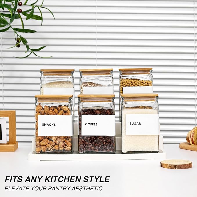 Glass Storage Jars with Bamboo Lids, 27oz Square Spice Jars for Kitchen Pantry Organization, Glass Seasoning Bottles Spice Containers with Labels for Cereal Flour Beans Tea