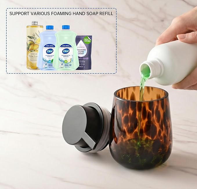 Marble Glass Foaming Hand Soap/Lotion Pump Dispenser, Refillable for Kitchen and Bathroom Countertop (Amber)