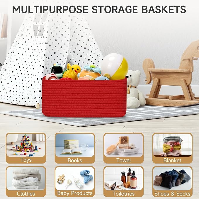 3-Pack Storage Baskets for Organizing | Woven Shelf Toy Basket | Rope Baskets for Gifts Empty | Closet Organizer Bins with Handles | Cube Decorative Box | 13.7×7.1×6.7” | Red