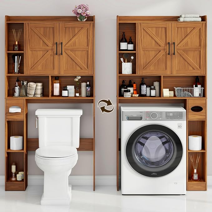 Vabches Over The Toilet Storage Cabinet with 2 Barn Doors, Caramel | Farmhouse Storage Cabinet with Toilet Paper Holder Stand，Home Space-Saving Toilet Rack, for Bathroom, Restroom, Laundry