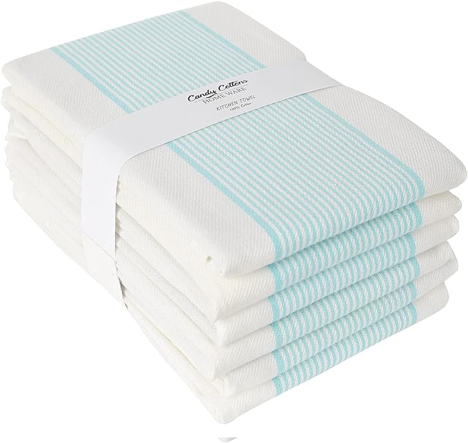Stripe Kitchen Towels Decor Hanging Loop Dish Towels Boho Stripe Absorbent Festive Gift Set of 6 Pantry Kitchen Reversible 18x28 in Dish Towels|Vintage Farmhouse Style|Turquoise