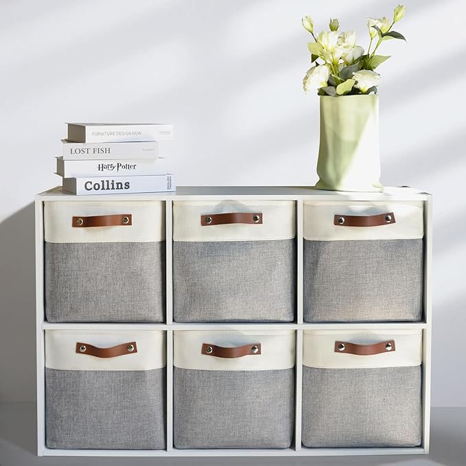 Patvingot Fabric Storage Cubes 11", 6 Pack, with PU Pull Handles,Foldable | For accessories on cube shelves or in closets; reinforced opening, pull-out access, folds flat when empty,white and gray
