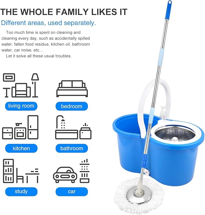Spin Mop Bucket System, 360 Spin Floor Cleaning Mop Bucket with 3 Microfiber Replacement Head Refills Telescoping Handle for House Cleaning