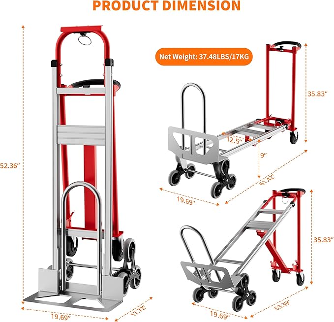 3-in-1 Convertible Hand Truck - 800 Lbs Heavy Duty Multi-Functional Aluminum Moving Dolly with Stair-Climbing Wheels - Folding Platform Cart & Utility Trolley for Home, Warehouse, Office