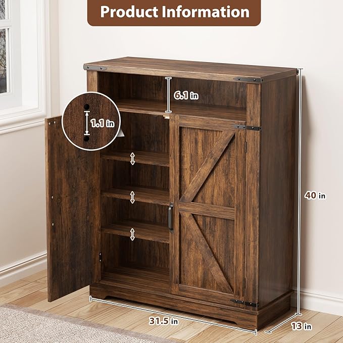ALLSTAND 6-Tier Shoe Cabinet with Doors, Entryway Shoe Rack Wooden Shoe Storage Cabinet with Adjustable Shelves & Anti-tip Fitting, Farmhouse Shoe Cabinet Storage for Entryway, Living Room, Closet