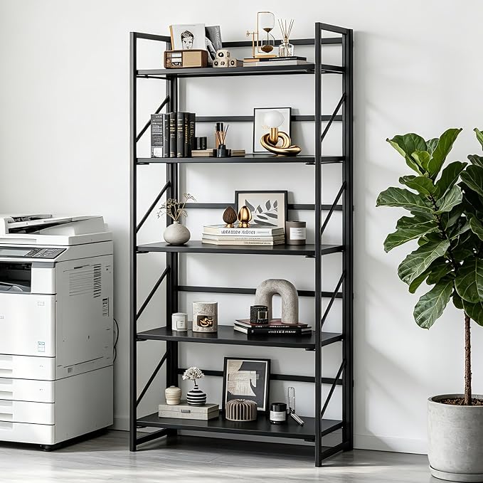 JSB No Assembly Folding Bookshelf, 5 Tier Industrial Metal Book Shelf for Storage, Vintage Wood Foldable Bookcase for Living Room, Bedroom, Office Organization Shelves