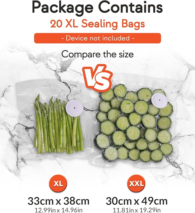 GIRAFFYCO 20 XL Reusable Vacuum Sealer Bags, 13 x 15 in, Food Storage Bags | BPA-Free Airtight Food Storage Bags with Detachable Valve for Handheld Vacuum Sealer, Freezer, Fridge & 1kg Filament Spool