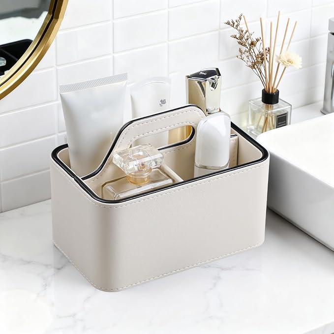 PU Leather Remote Control Holder, Desk Caddy Organizer with Handle Beige | 3 Compartments Portable Remote Organizer, Remote Caddy Bedside Holder for Office Storage Supply Organizer