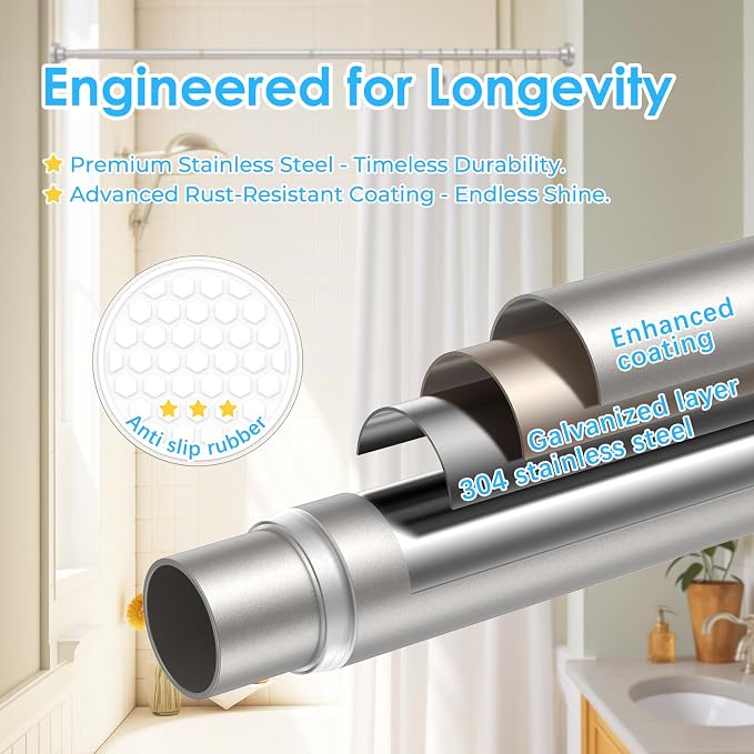AIZESI Brushed Nickel Shower Curtain Rod, Adjustable 42-74 Inch Tension Shower Curtain Rod, 1" Diameter Shower Rod No Drilling, Anti-Slip, Premium Stainless Steel Anti-Rust