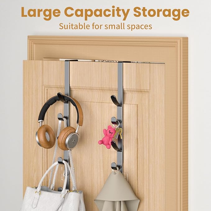 Over The Door Hooks, Metal Door Hooks for Hanging, Over The Door Purse Organizer for Door Coat Hanger, Back of Shower for Hanging Towel Rack Clothes, Hat, Bathroom, Closet (Black-2Packs)