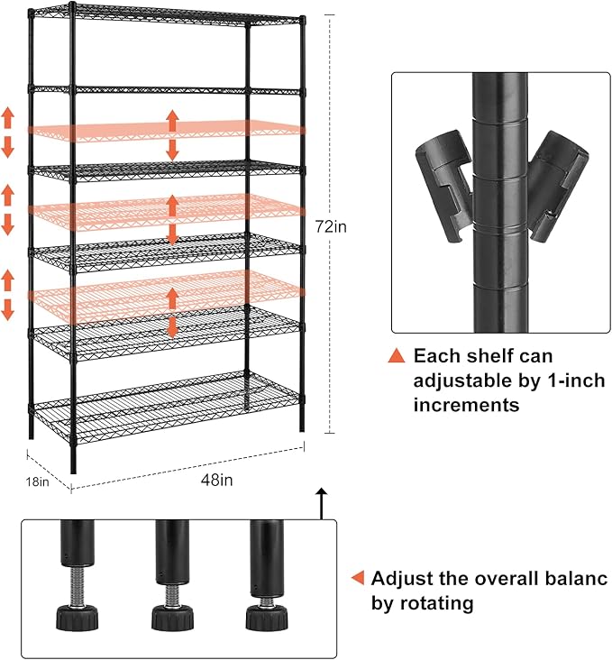6000Lbs Capacity Heavy Duty Storage Shelves Commercial Wire Shelving Unit and Storage Adjustable NSF 6 Tier Metal Rack Shelf on Wheels for Garage Basement, 76 H x 48 L x 18 D - Black