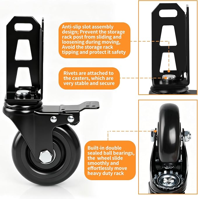 4" Storage Rack Caster Wheels, Fit Boltless Shelving Rack Posts | Heavy-Duty Shelves Casters with Brakes, Storage Shelf Accessories, Total Load Capacity 1000 Lbs, 4 Pcs