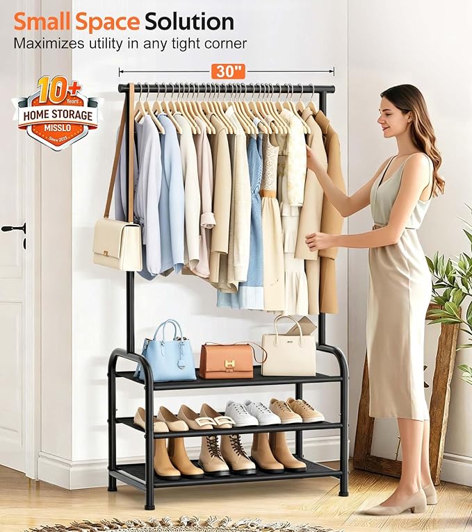 MISSLO Sturdy Clothing Racks for Hanging Clothes with 3 Shelves Garment Rack Heavy Duty Clothes Rack with Shoe Storage for Coats, Garment, Dress, Black