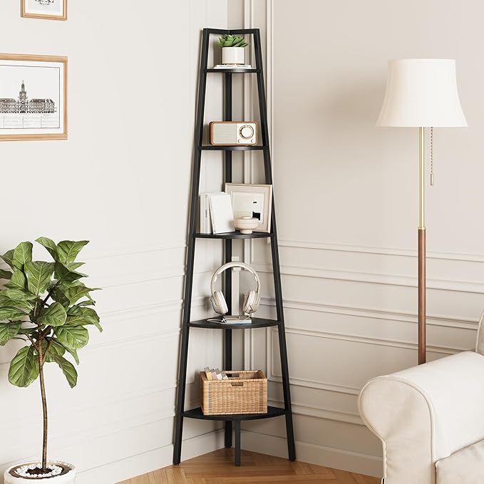 Yoobure 5‑Tier Corner Shelf – Sturdy Metal Frame & Wood Ladder Bookshelf, Space‑Saving Display Shelves for Plants & Books, Easy Assembly, for Bedroom, Living Room, Office, Balcony