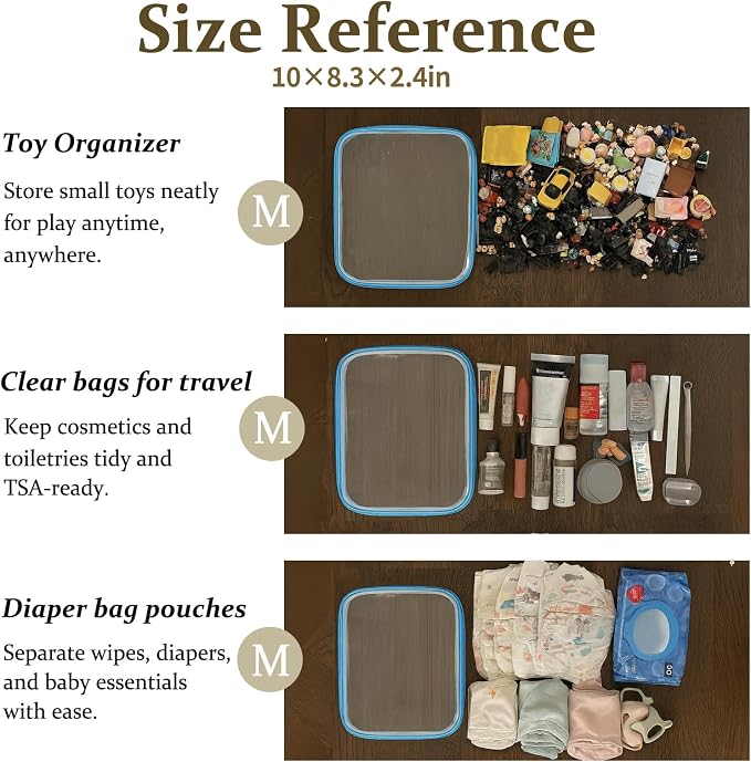 4 pcs Clear Zipper Pouches,Hard Shell Zipper Case, Toiletry Bag for Travel | CLear Diaper Bag, Toiletry Pouch, Travel Organizer, Cosmetic Bag,Toy Storage Bins (M+3S) (Blue)