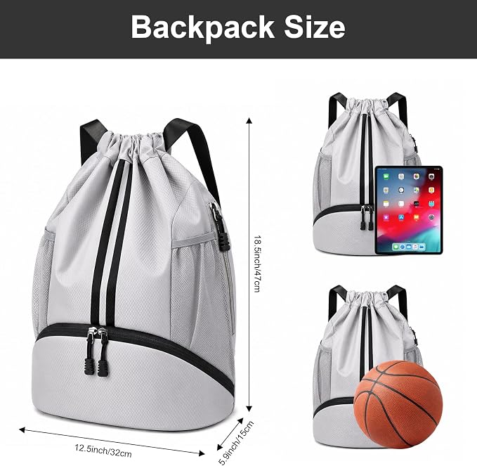 Hoedia Sports Drawstring Backpack - Swim Gym Bag for Women and Men | String Bag with Shoes Compartment and Wet Proof Pocket, Adjustable Wider Shoulder Strap, For Soccer, Basketabll, Volleyball