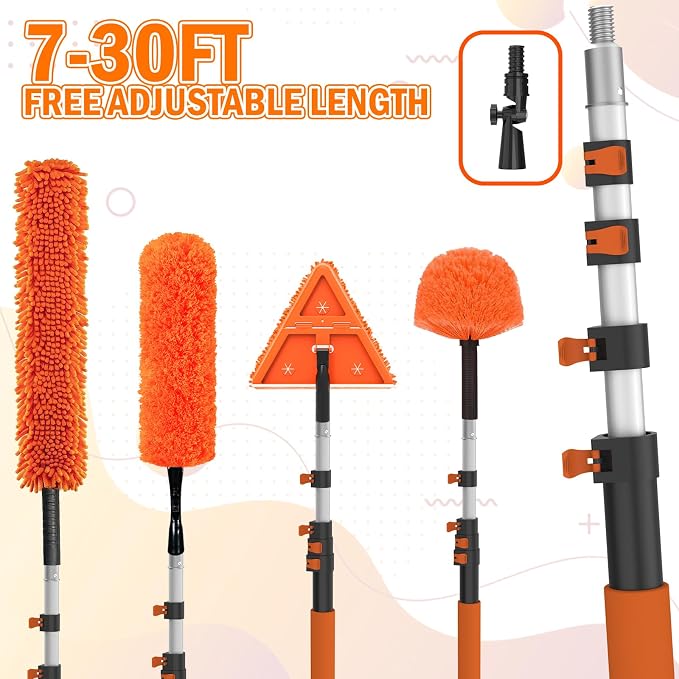 LAANPOLE 36FT Reach Dusters for Cleaning, Ceiling Fan Cleaner Duster with Extension Pole, Wall and Baseboard Cleaner Mop with Handle for Window Cobweb Fan Blade and High Ceiling