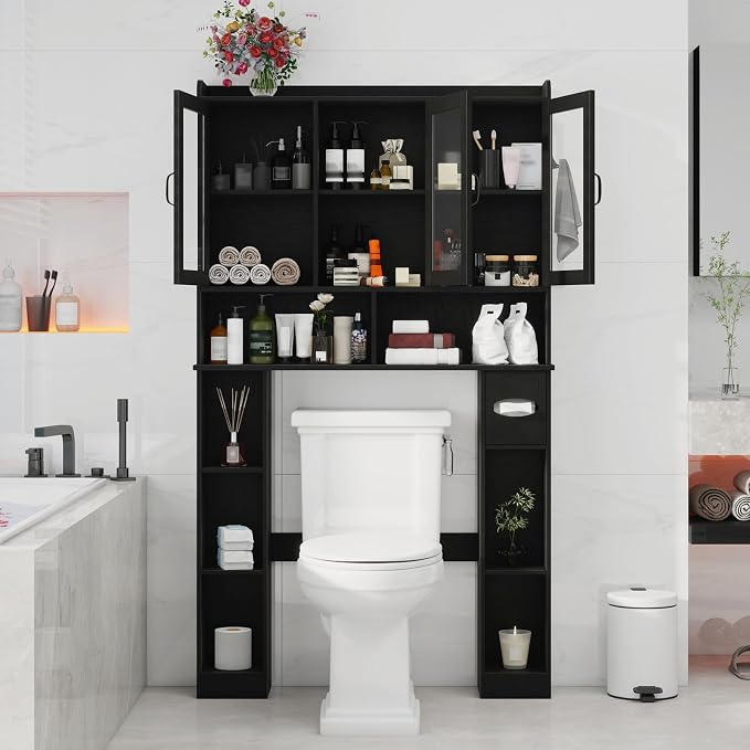 Vabches Over The Toilet Storage Cabinet with Glass Doors, Black | Farmhouse Bathroom Organizer with Adjustable Shelf, Home Space-Saving Toilet Rack,for Restroom,Bathroom, Laundry