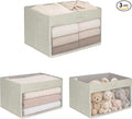 WUIKE Closet Storage Bins with Clear Window, Fabric Organizer Baskets with Handles, Foldable Linen Closet Organizers and Storage for Shelves, Line Beige, Large, 3 Pack