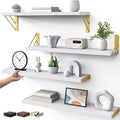BAYKA Wall Shelves for Bedroom Decor, Floating Wall Shelf for Living Room Kitchen Storage, Mounted Rustic Wood Shelves for Kids Books, Corner Shelf for Bathroom(White and Gold，23in，Set of 4)