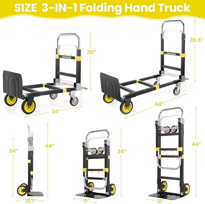 3-in-1 Folding Hand Trucks, 600Lbs Convertible Hand Truck Dolly, Heavy Duty Convertible Dolly with Retractable Handle and 4 Rubber Wheels, Collapsible Cart for Moving Office/Home/Warehous(Yellow)