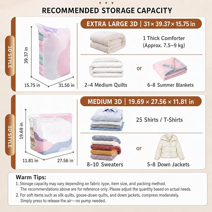 No Pump Vacuum Storage Bags for Bedding 3D Compression Jumbo Press and Seal for Clothes and Blankets Large Capacity Thickened Stereoscopic Saving Space 2026 New 3pc (Large)