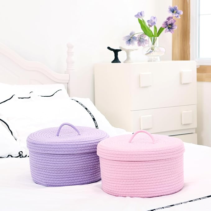 Sea Team Round Cotton Rope Storage Basket with Lid, Lidded Woven Storage Bin, Nursery Storage Container, Diaper Caddy, Baby Shower Basket, Box, Organizer, 11.8 x 11.8 x 6.7 Inches (Medium, Lavender)