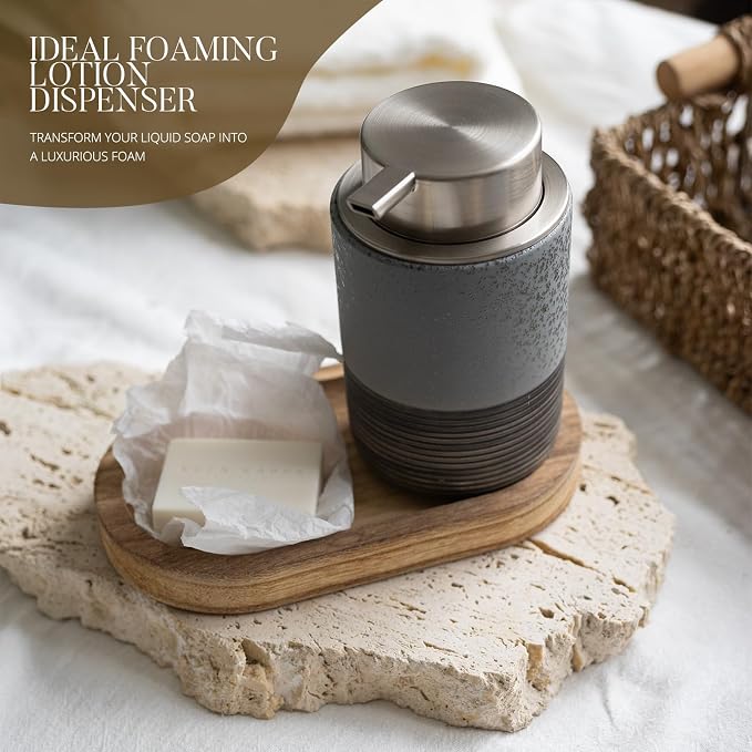 EMPO Ceramic Embossed Press Foam Hand Soap Dispenser - 300ml Large Capacity Facial Cleansing Bottle and Liquid Soap Dispenser for Kitchen Bathroom with Mousse Lotion Pump (Grey)