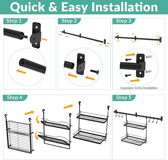 NADAMOO Spice Rack Wall Mount, 2-Tier Storage Shelf with Towel Bar, Utensil Hanger with Hooks for Kitchen, Bathroom, Pantry, Laundry, Matte Black Heavy Duty Metal Organizer