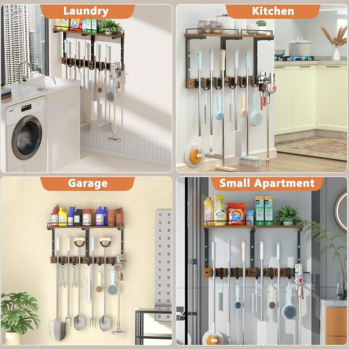 Mop Holder Wall Mount with Cleaning Supplies Organizer, Wood Mop and Broom Hanger Rack Organizer with Anti-Fall Wall Shelf with 5 Clips & Hooks for Garage Laundry Room Kitchen (Brown)