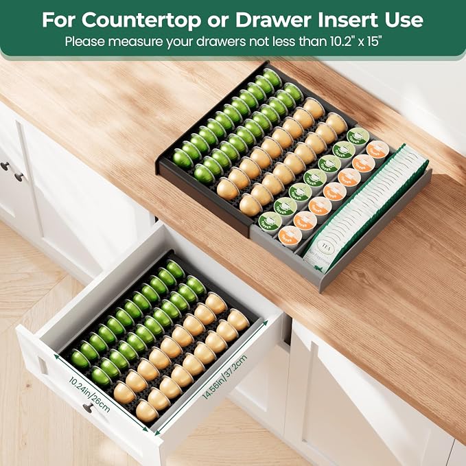 EsLuker.ly K Cup Coffee Pod Holder Organizer, Plastic Coffee Tea Drawer Insert for Counter, Expandable Storage Tray Compatible with Nespresso Vertuo Capsules, Customizable for Various Pod Sizes
