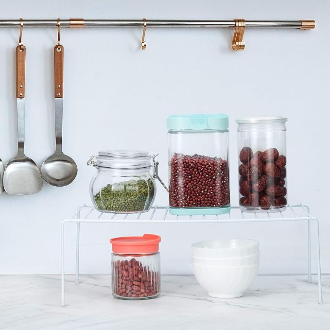Lonian Kitchen Cupboard Organiser, Home and Kitchen Storage Shelf Wire Rack Made of Metal for Kitchen Cabinets, Counter-Tops, Pantries, Food and Utensils - White (Pack of 2)