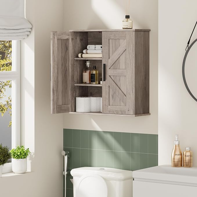 Homleke Bathroom Wall Cabinet, Medicine Cabinet with Adjustable Shelves | 3-Tier Wall Mounted Over Toilet Storage with Barn Doors, for Bathroom, Kitchen, Entryway, Laundry Room, Greige, (7.9" D)