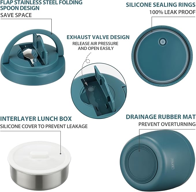 Itslife 32oz Insulated Soup Thermo, Vacuum Stainless Steel Food Jar for Hot & Cold Food, Leakproof Wide Mouth Lunch Container with Spoon (Teal)
