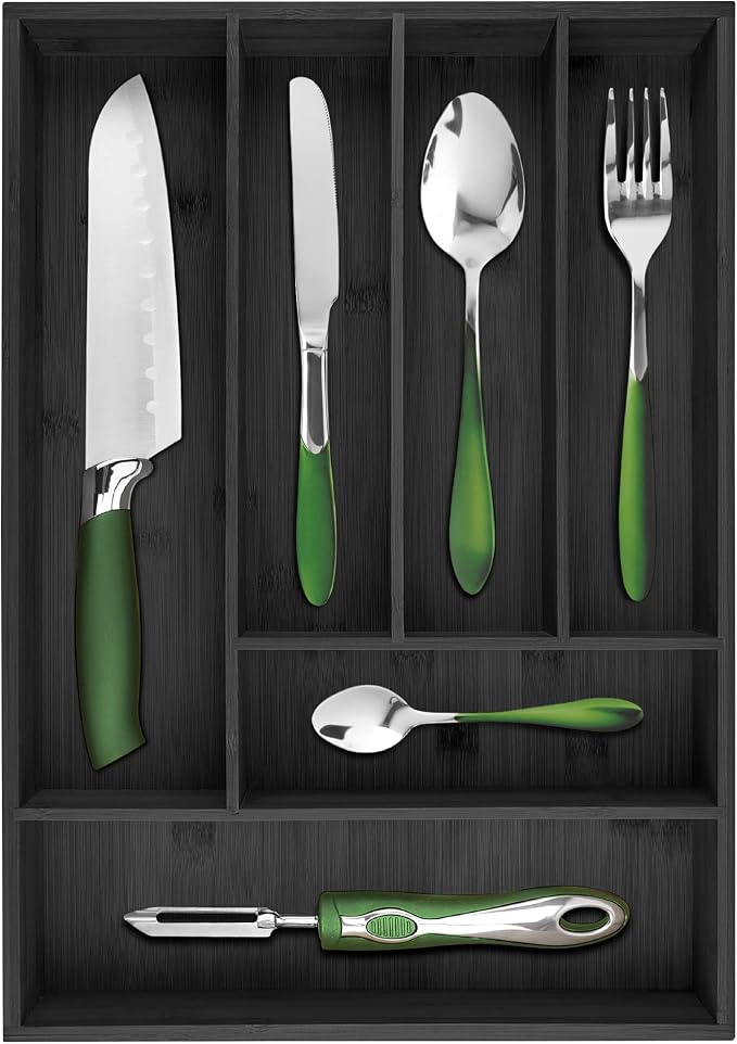 Pristine Bamboo silverware tray organizer– Flatware Utensil Cutlery Silverware Holder for Drawer – Small Extra-Deep Wooden Kitchen Drawer Organizer Divider for Spoons Forks Knives (6-Slots, Black)