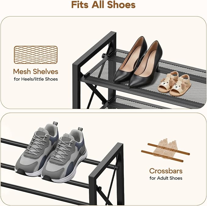 YEASHEIN 2-Tier Expandable Shoe Rack Organizer with Wire Mesh Shelf - Black | Sturdy Metal Shoe Shelf with 3-Tier Storage, Adjustable Shoe Stand, Free Standing Shoe Rack for Closet, Entryway, Garage