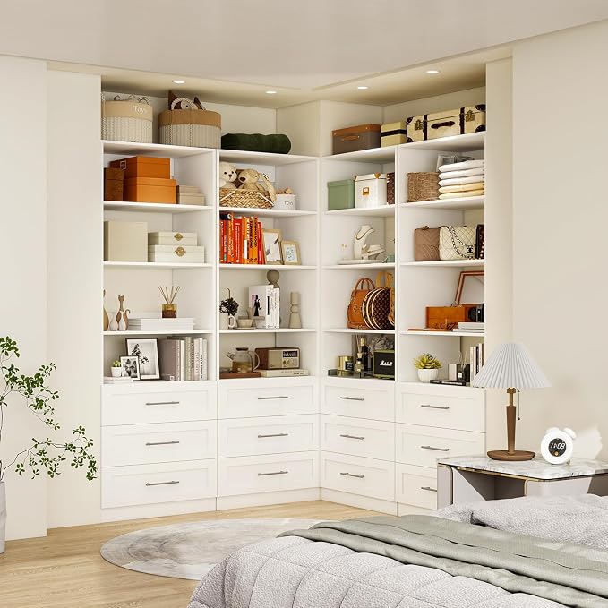 Closet System with 12 Drawers & 16 Shelves, Wood Closet Organizer System with 4 Extra Hanging Rod for Walk in Closet, Modular Closet Organizer System White(8FT)