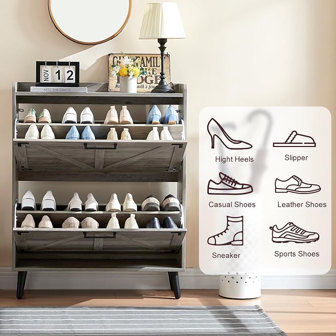 Barnyatoh Shoe Storage Cabinet with 2 Flip Drawers, Farmhouse Hidden Shoe Organizer, Narrow Slim Shoe Rack Cabinet for Entryway Hallway,Washed Gray